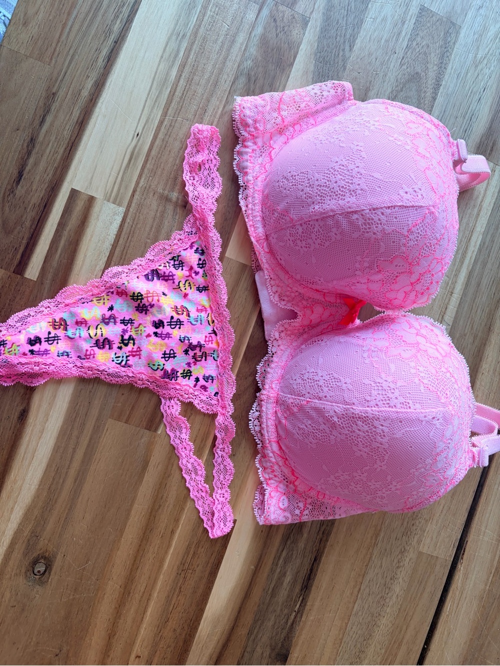 Victoria's Secret Pink Lace Push-Up Bra with Printed Cheeky Thong